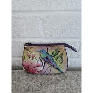 Anuschka Coin Pouch Hand-Painted Key Rings Wallet Hummingbird Flowers